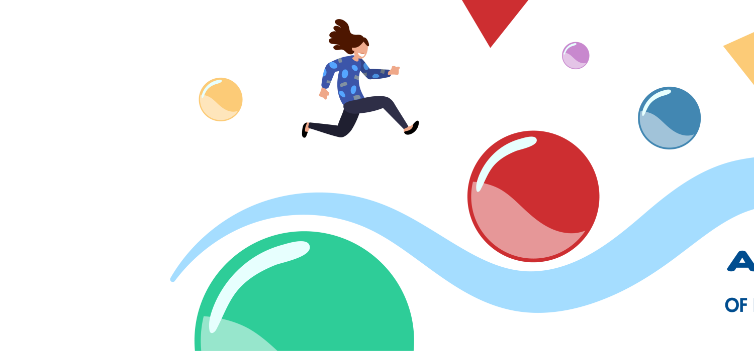 Child jumping joyfully among colorful shapes and a playful blue path, representing family-friendly benefits and childcare support at ALPLA headquarters