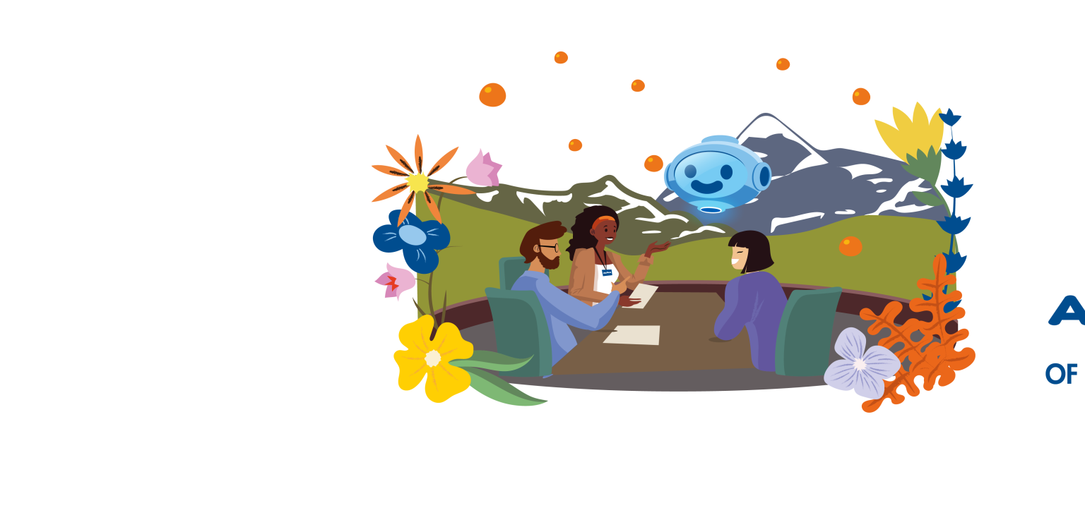 Diverse ALPLA professionals in discussion, set against an alpine backdrop with futuristic AI elements and nature, reflecting innovation and collaboration for experienced professionals at ALPLA