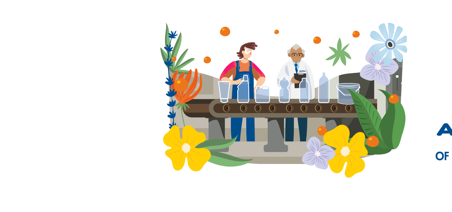 Two ALPLA team members working on a packaging production line surrounded by colorful plants and bottles, representing career entry opportunities for pupils and apprentices at ALPLA