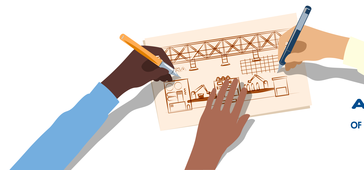 Diverse student hands sketching a production facility blueprint with ALPLA packaging lines, highlighting creative opportunities for students in technical and engineering roles at ALPLA