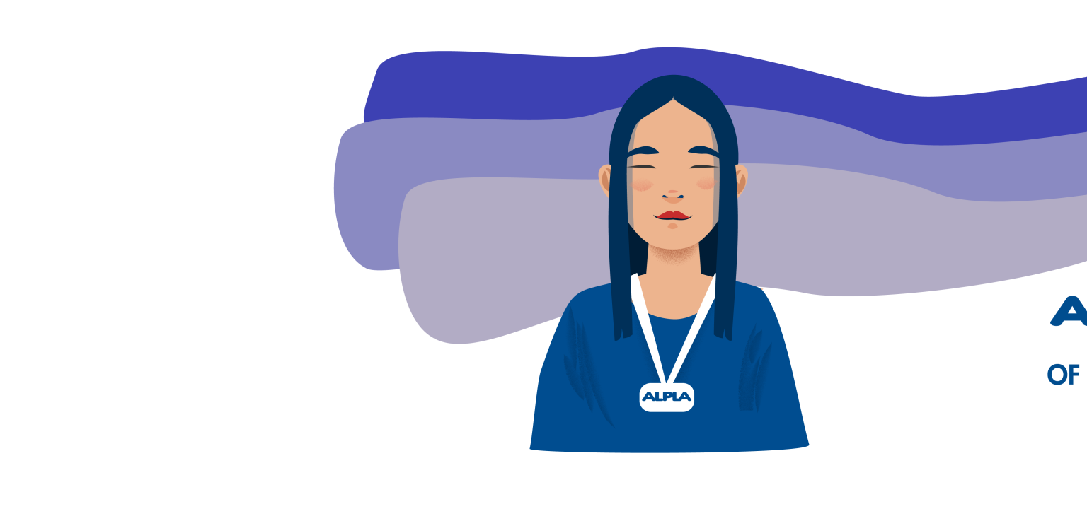 Young ALPLA employee wearing a name badge in front of layered color bands, symbolizing career growth and identity for young professionals at ALPLA