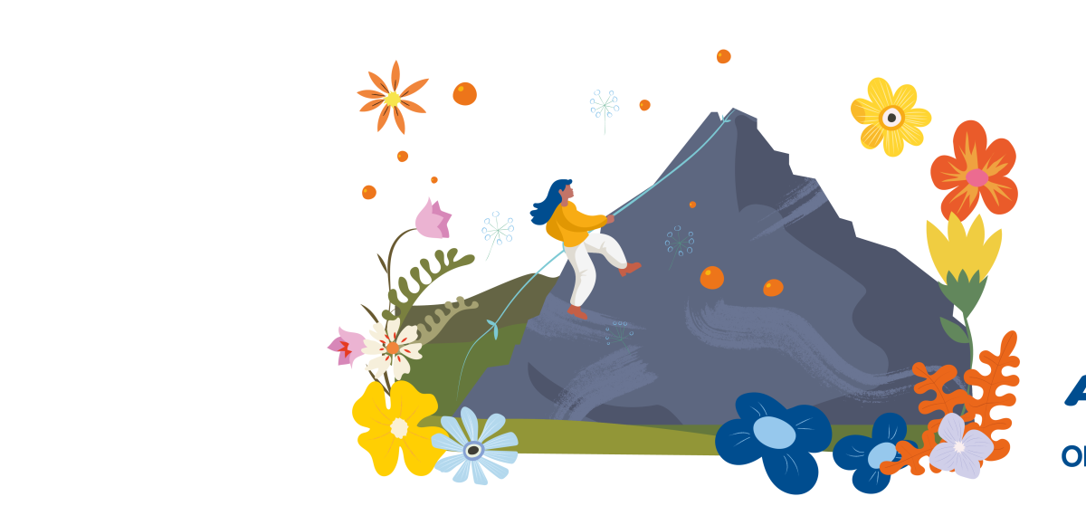Woman climbing a mountain surrounded by vibrant flowers, visualizing personal growth and career development at ALPLA Academy
