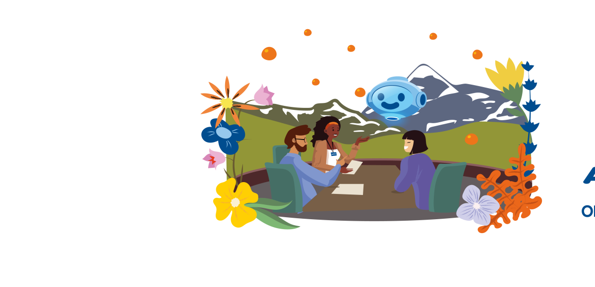 Diverse ALPLA professionals in discussion, set against an alpine backdrop with futuristic AI elements and nature, reflecting innovation and collaboration for experienced professionals at ALPLA