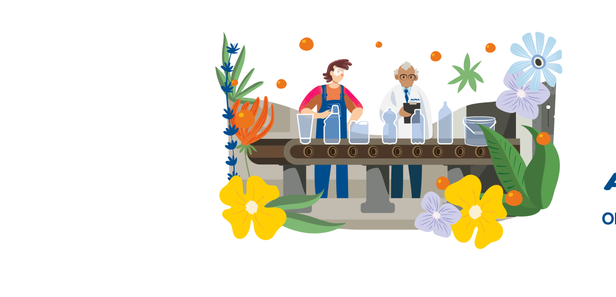 Two ALPLA team members working on a packaging production line surrounded by colorful plants and bottles, representing career entry opportunities for pupils and apprentices at ALPLA