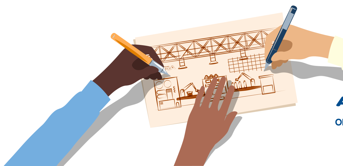 Diverse student hands sketching a production facility blueprint with ALPLA packaging lines, highlighting creative opportunities for students in technical and engineering roles at ALPLA