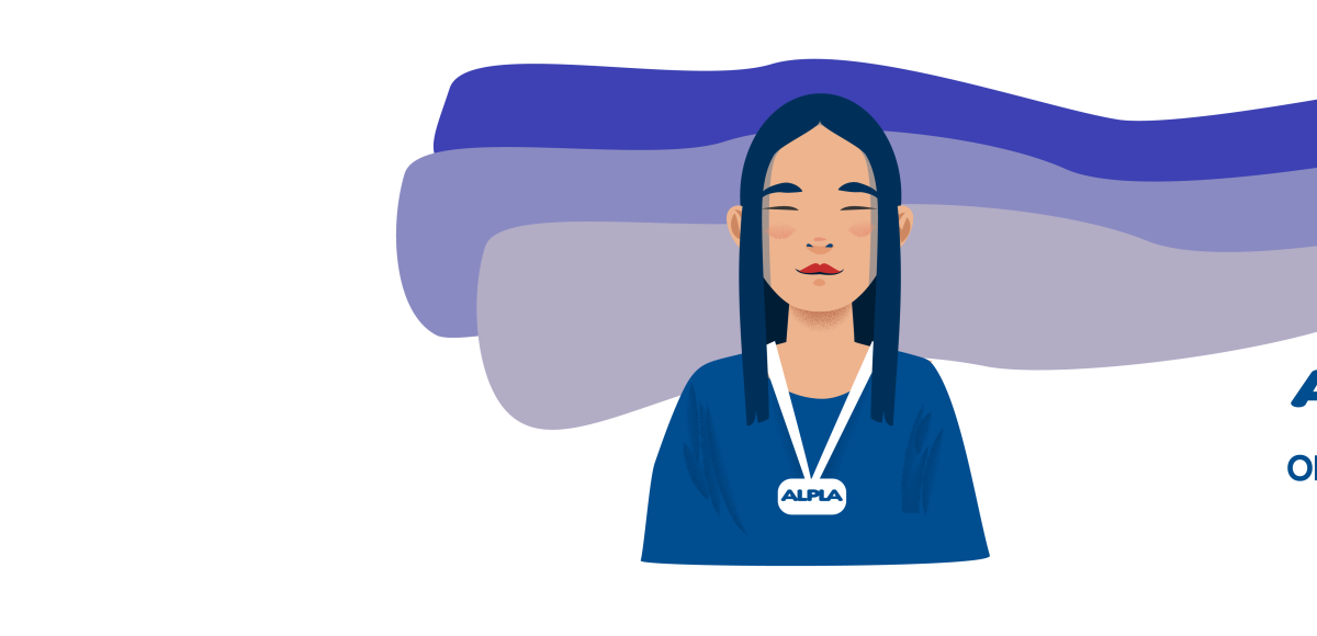 Young ALPLA employee wearing a name badge in front of layered color bands, symbolizing career growth and identity for young professionals at ALPLA